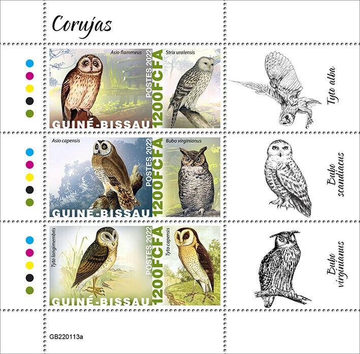 Guinea-Bissau 2022 MNH Birds of Prey on Stamps Owls Ural Owl 3v M/S