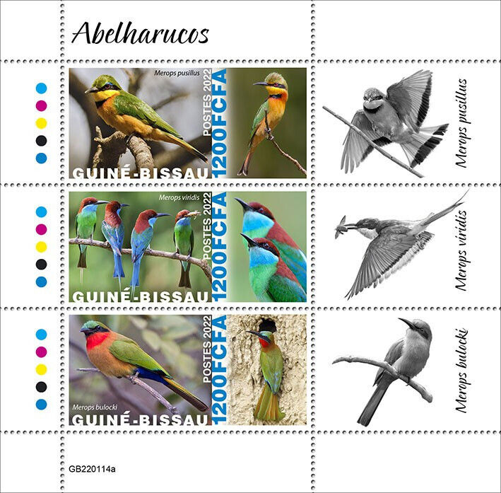 Guinea-Bissau 2022 MNH Birds on Stamps Bee-Eaters Little Bee-Eater 3v M/S