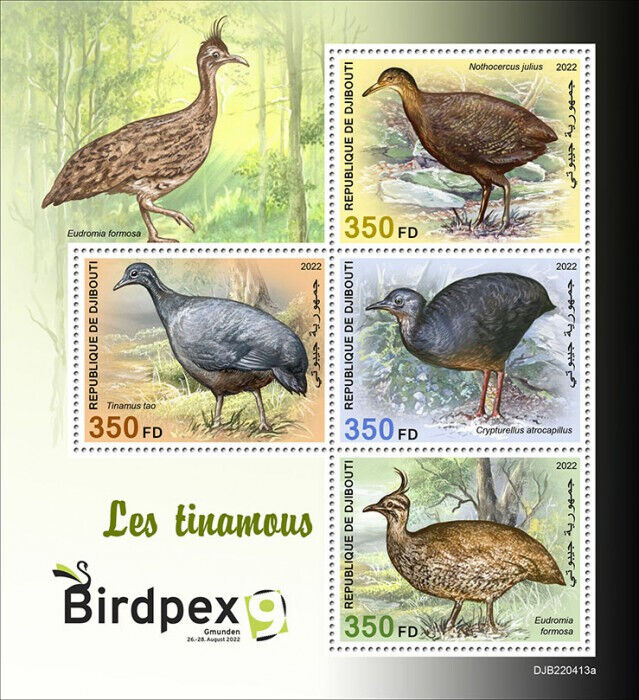 Djibouti 2022 MNH Birds on Stamps Tinamous Grey Tinamou Birdpex 4v M/S