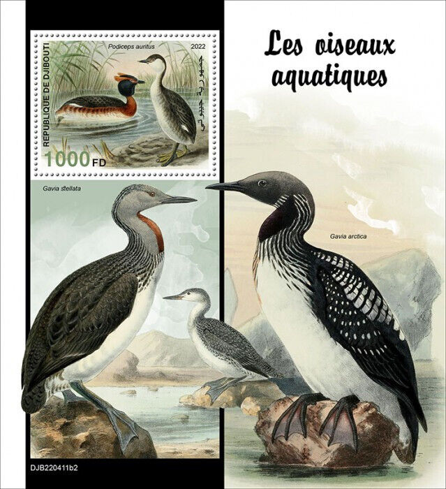 Djibouti 2022 MNH Water Birds on Stamps Horned Grebe Grebes Loon 1v S/S II