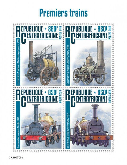 Central African Rep 2019 MNH Rail Stamps First Trains Steam Engines 4v M/S