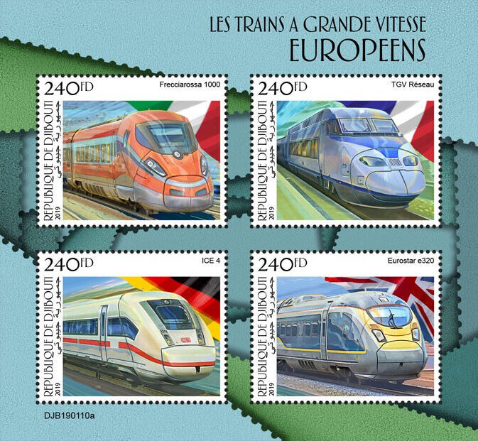 Djibouti 2019 MNH Rail Stamps European High-Speed Trains TGV Eurostar 4v M/S