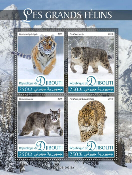Djibouti 2019 MNH Wild Animals Stamps Tigers Cougar Amur Snow Leopards 4v M/S