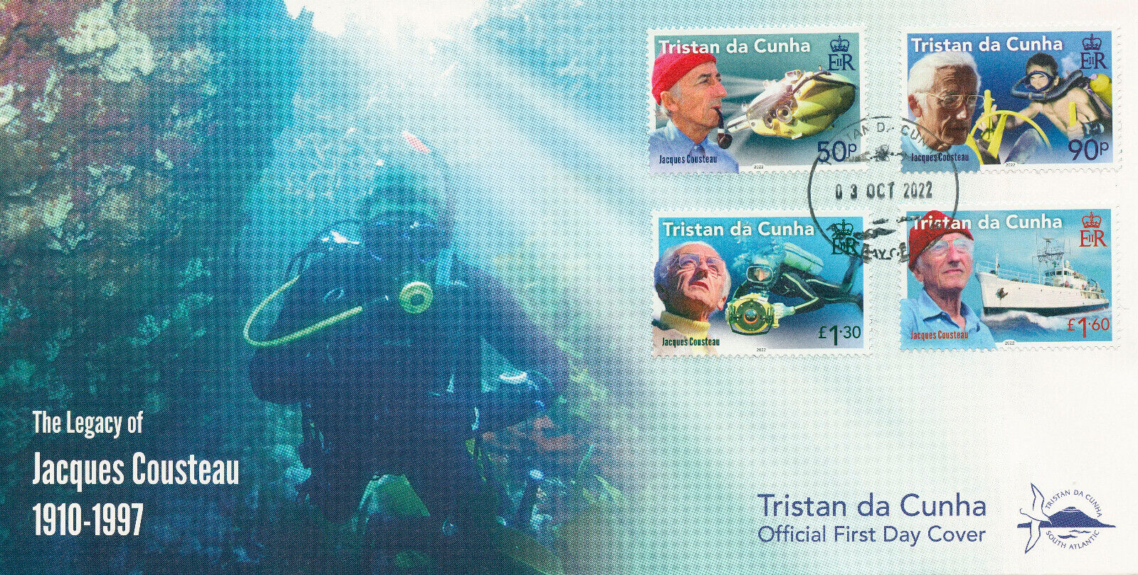 Tristan da Cunha 2022 FDC Diving Stamps Jacques Cousteau Legacy Ships 4v Set