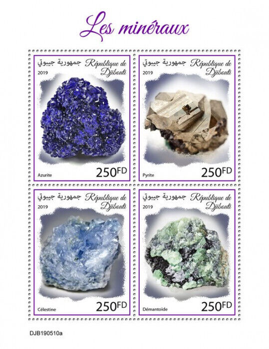 Djibouti 2019 MNH Minerals Stamps Pyrite Azurite Celestine Demantoid 4v M/S
