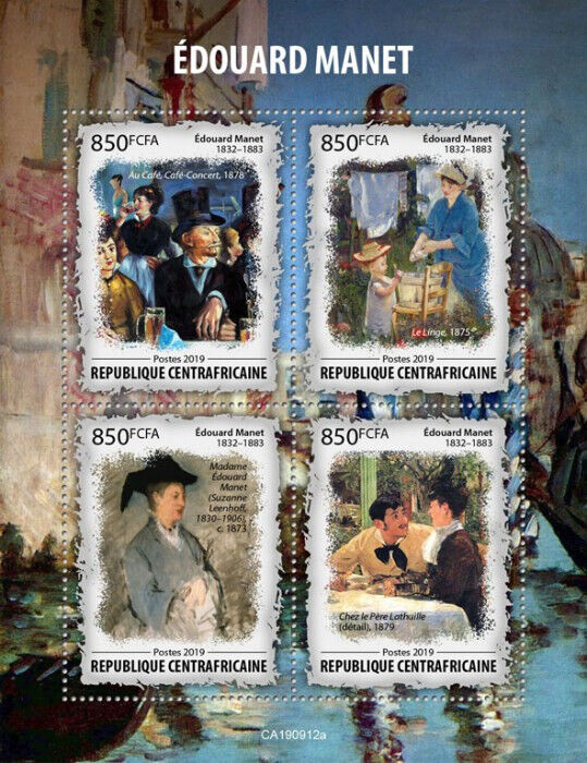 Central African Rep 2019 MNH Art Stamps Edouard Manet Paintings Modernism 4v M/S