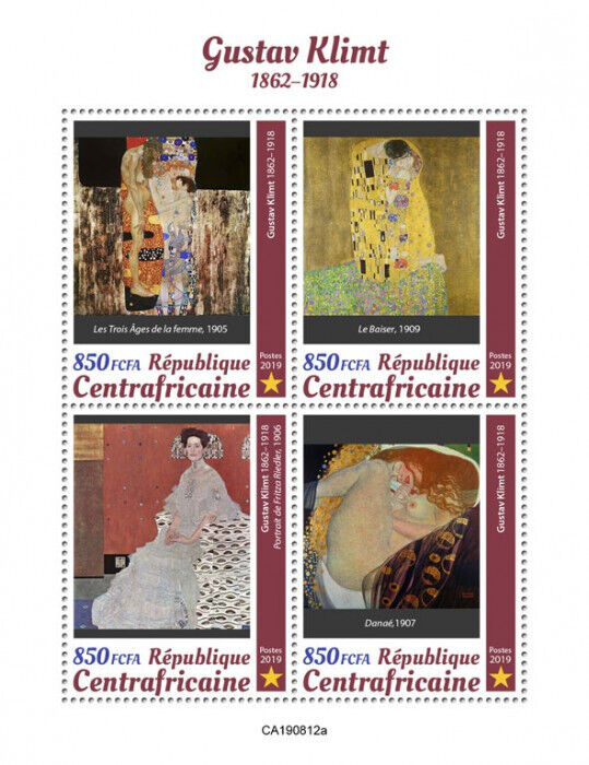 Central African Rep 2019 MNH Art Stamps Gustav Klimt Paintings The Kiss 4v M/S