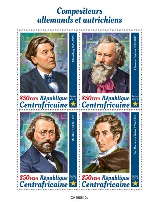 Central African Rep 2019 MNH Music Stamps German & Austrian Composers 4v M/S