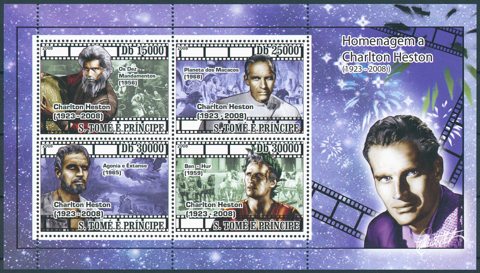 Sao Tome & Principe 2008 MNH People Stamps Charles Heston Actors Ben Hur 4v M/S