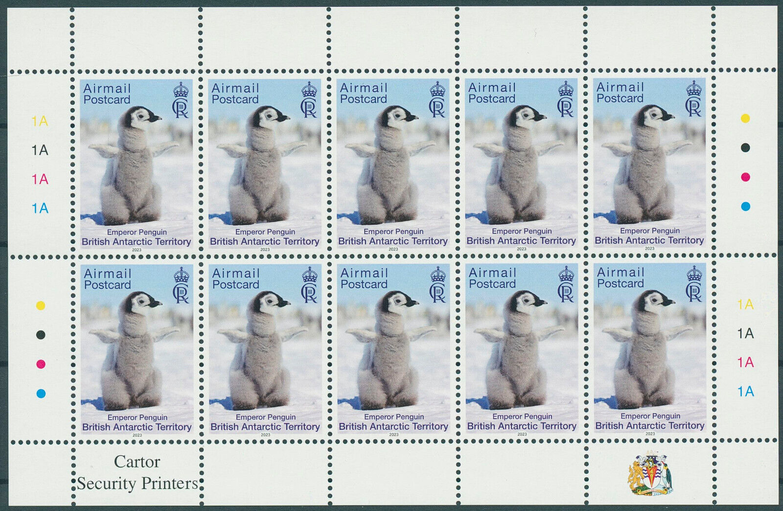 BAT 2023 MNH Birds on Stamps Penguins Airmail Postcard Emperor Penguin 10v M/S
