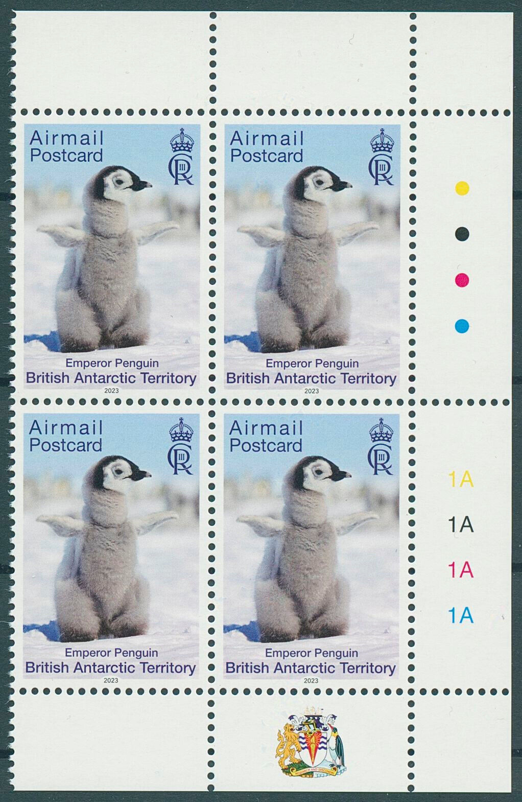 BAT 2023 MNH Birds on Stamps Penguins Airmail Postcard Emperor Penguin 4v Block