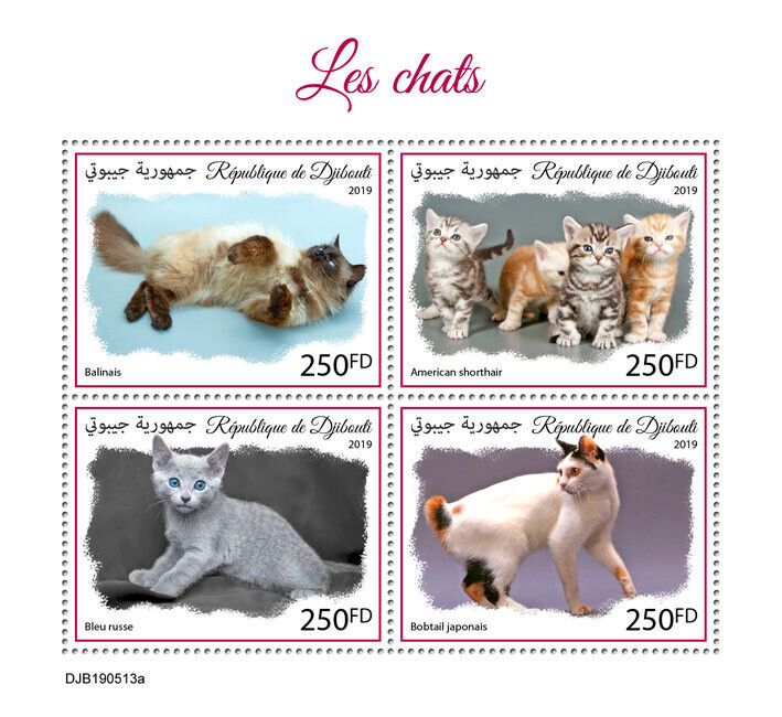 Djibouti 2019 MNH Cats Stamps American Shorthair Japanese Bobtail Cat 4v M/S