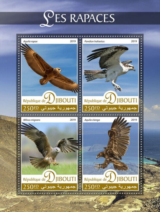 Djibouti 2019 MNH Birds of Prey on Stamps Tawny Eagles Osprey Black Kites 4v M/S