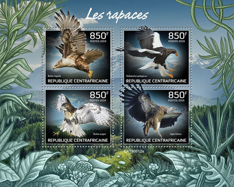 Central African Rep 2019 MNH Birds of Prey on Stamps Sea Eagles Buzzards 4v M/S