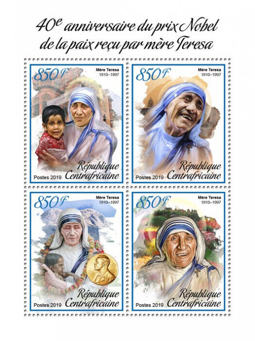 Central African Rep 2019 MNH Mother Teresa Stamps Nobel Peace Prize 4v M/S