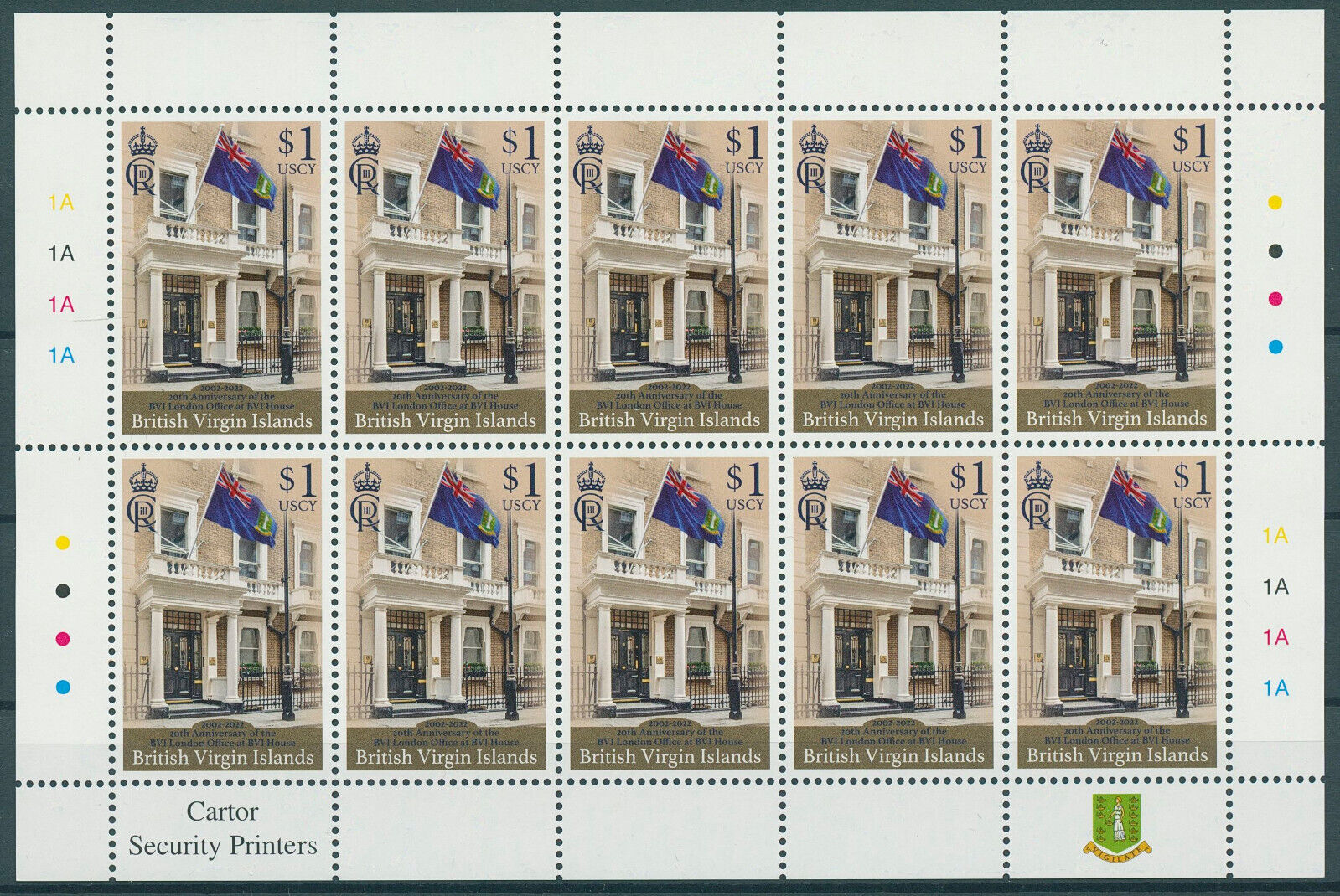 BVI 2022 MNH Architecture Stamps London Office BVI House 20th Anniv Flags 10v M/S