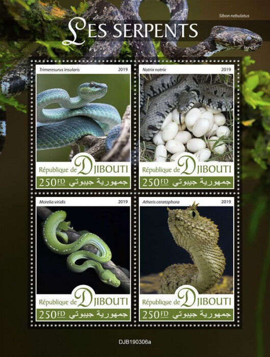 Djibouti 2019 MNH Reptiles Stamps Snakes Green Tree Python Grass Snake 4v M/S