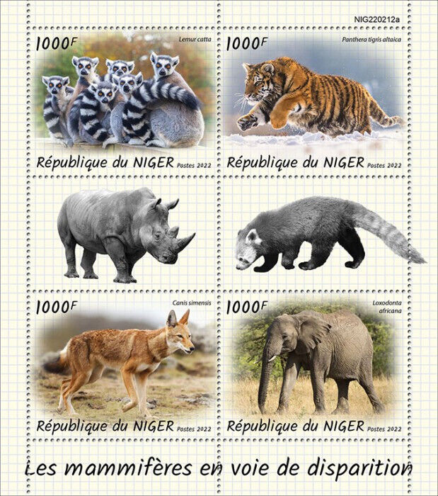 Niger 2022 MNH Wild Animals Stamps Endangered Mammals Elephants Lemurs 4v M/S