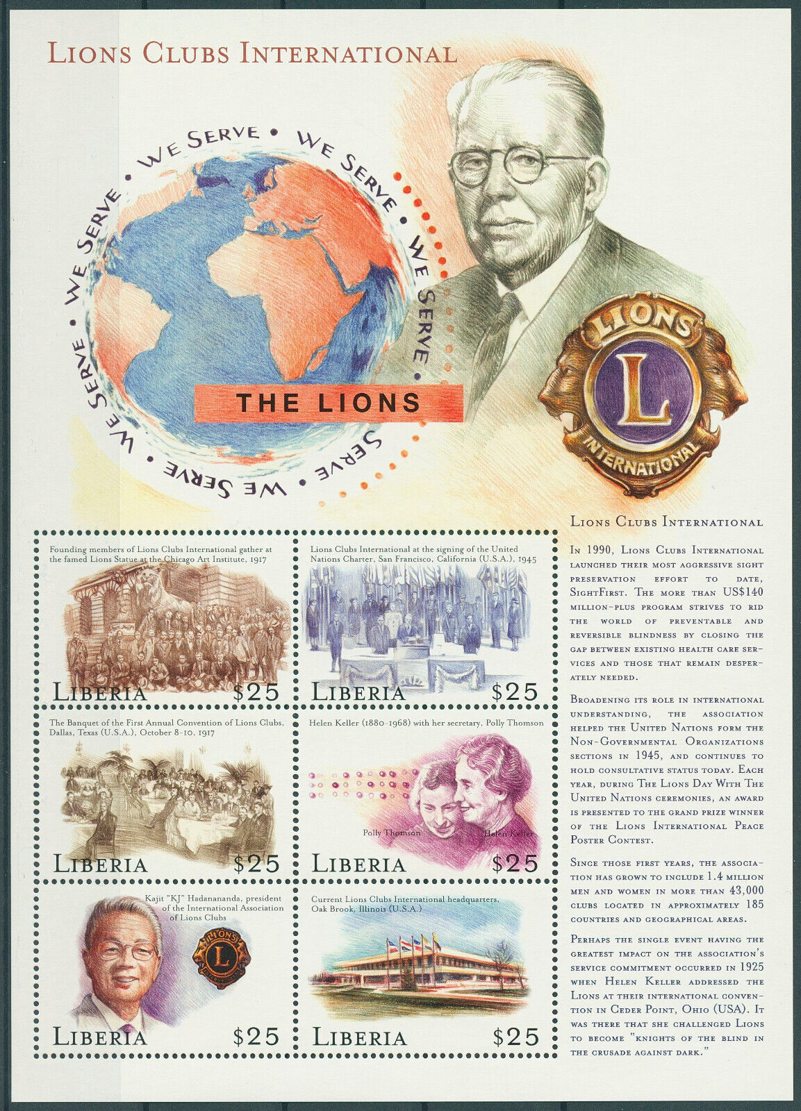 Liberia 2000 MNH Lions Club Intl Stamps Organizations Helen Keller 6v M/S