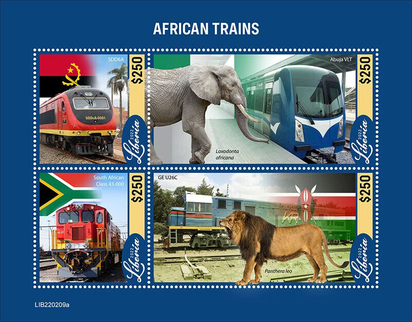 Liberia 2022 MNH Railways Stamps African Trains Lions Elephants Rail 4v M/S