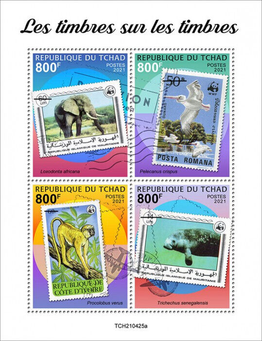 Chad 2021 MNH Stamps-on-Stamps Stamps Elephants Pelicans Monkeys SOS 4v M/S
