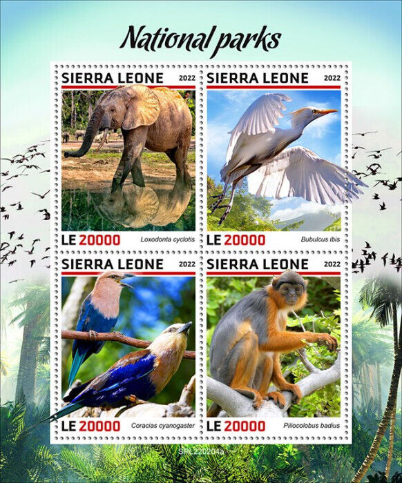 Sierra Leone 2022 MNH Wild Animals Stamps National Parks Elephants Birds 4v M/S
