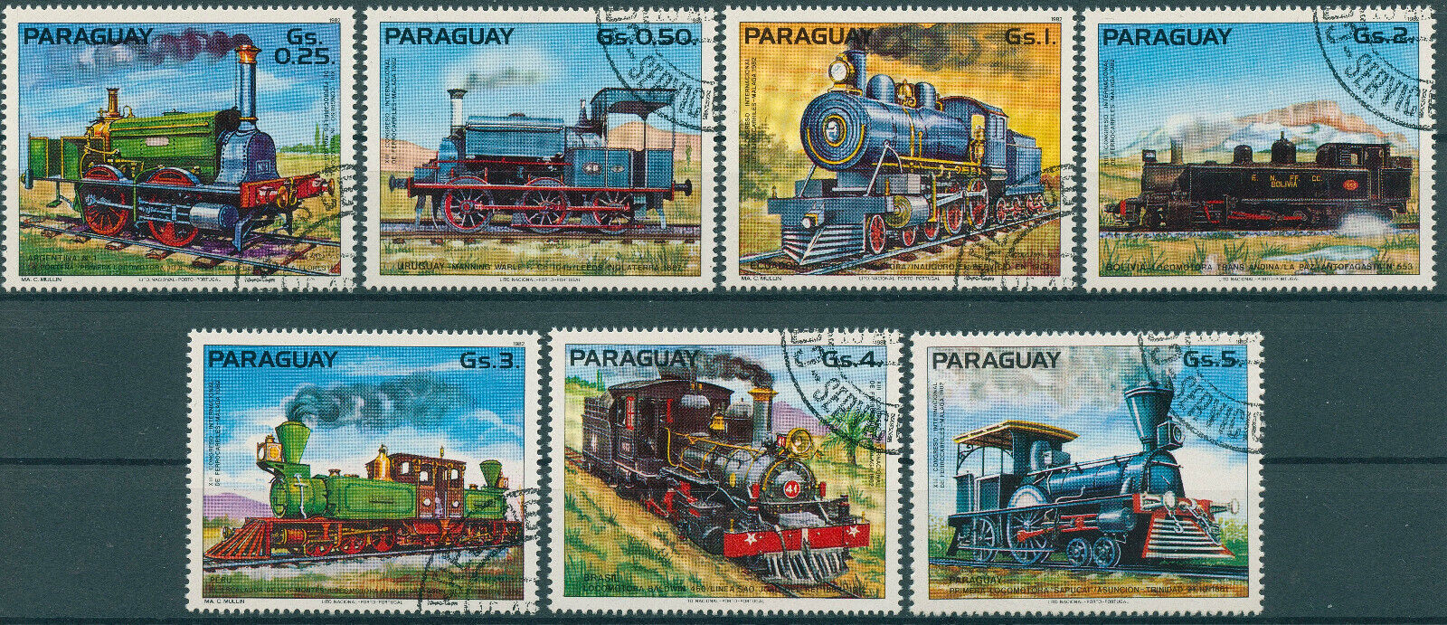 Paraguay 1983 CTO Trains Stamps Steam Engines Locomotives Railways Rail 7v Set