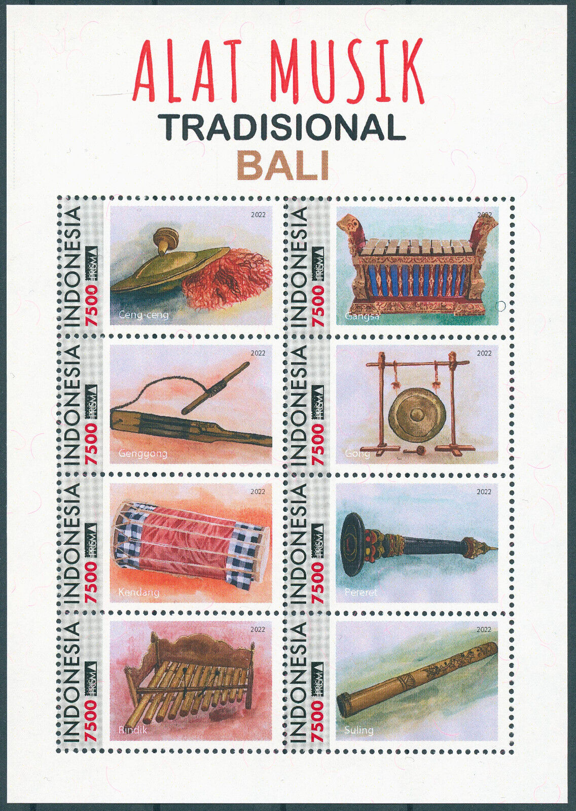 Indonesia 2022 MNH Music Stamps Traditional Musical Instruments from Bali 8v M/S