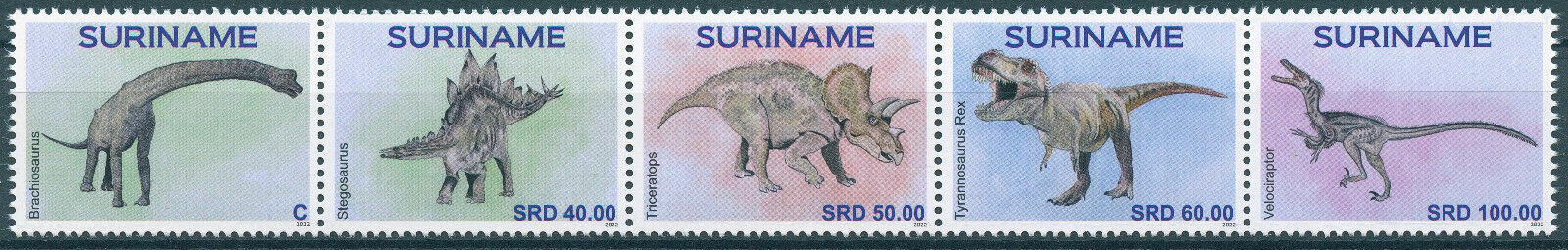 Suriname 2022 MNH Dinosaurs Stamps Prehistoric Animals T-Rex 5v Strip