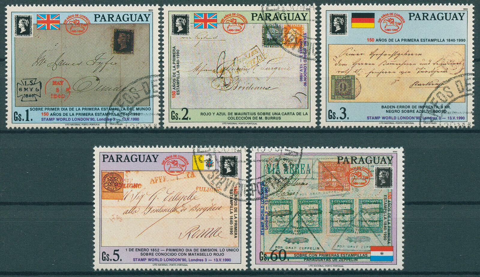 Paraguay 1990 CTO Stamps-on-Stamps Stamps Penny Black 150th Anniv SOS 5v Set