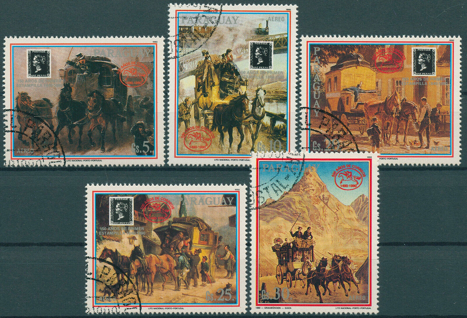 Paraguay 1990 CTO Penny Black Stamps Postal Transport History Mail Coach 5v Set