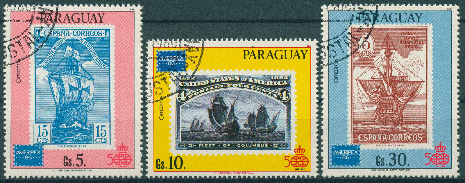 Paraguay 1986 CTO Ships Stamps Ameripex '86 Stamps-on-Stamps SOS Columbus 3v Set