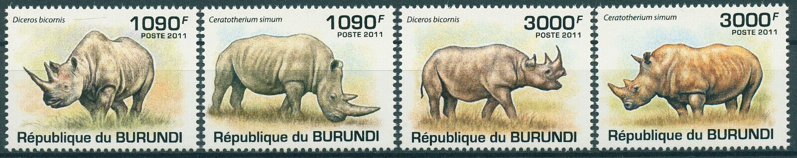 Burundi 2011 MNH Wild Animals Stamps Rhinos Rhinoceros Fauna 4v Set