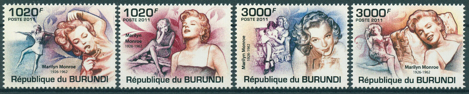 Burundi 2011 MNH Marilyn Monroe Stamps Celebrities Actresses Movies Film 4v Set
