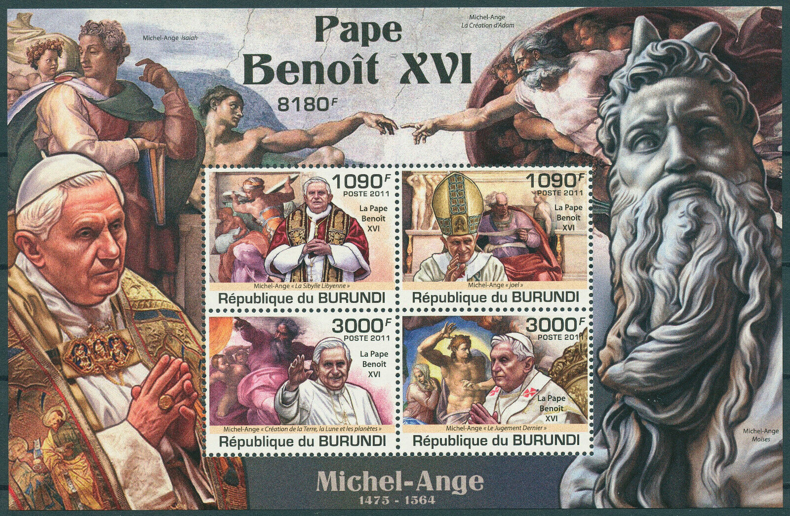 Burundi 2011 MNH Pope Benedict XVI Stamps Michelangelo Art Religion 4v M/S
