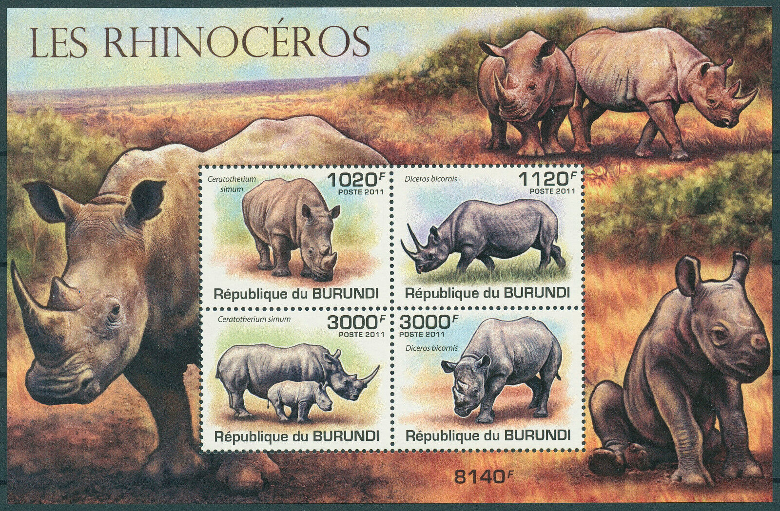 Burundi 2011 MNH Wild Animals Stamps Rhinos Rhinoceros Fauna 4v M/S