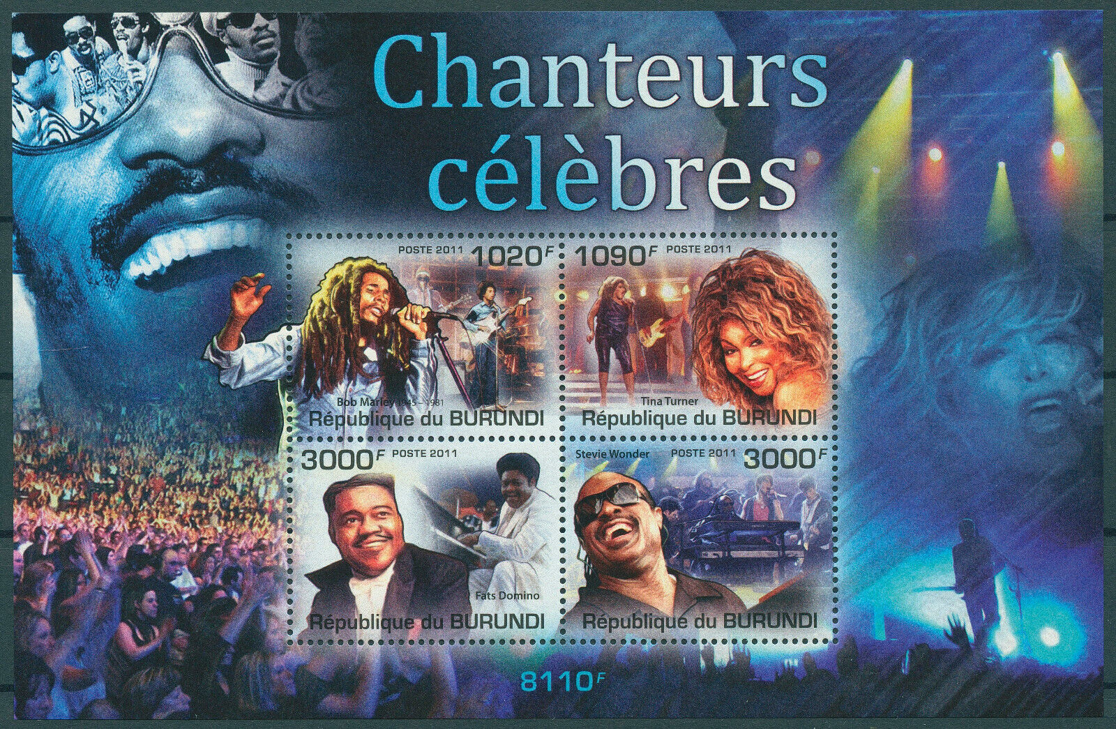 Burundi 2011 MNH Music Stamps Bob Marley Tina Turner Stevie Wonder Singers 4v M/S