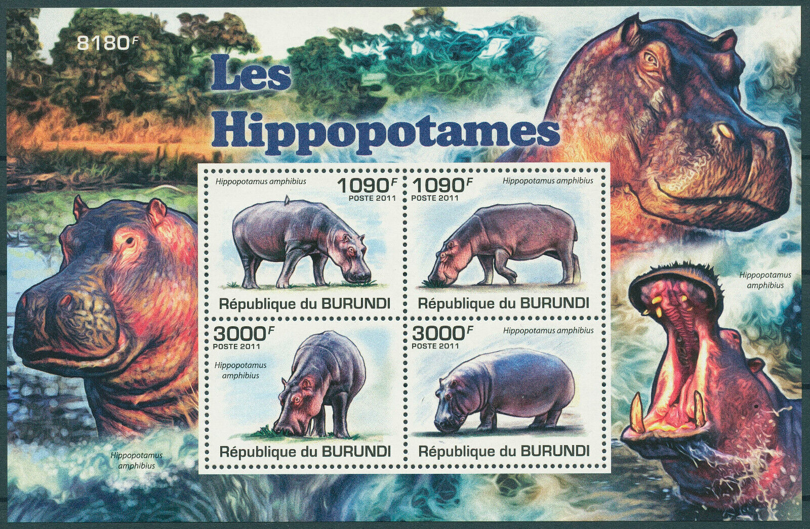 Burundi 2011 MNH Wild Animals Stamps Hippos Hippopotamus 4v M/S