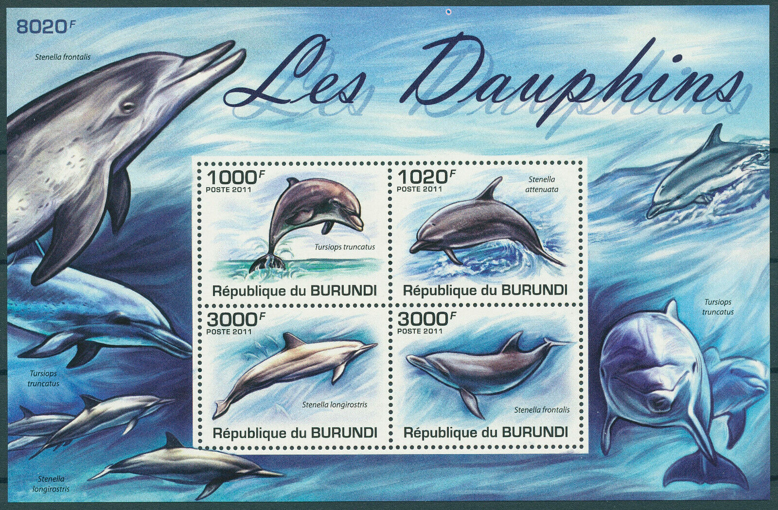 Burundi 2011 MNH Marine Animals Stamps Dolphins Spinner Bottlenose Dolphin 4v M/S
