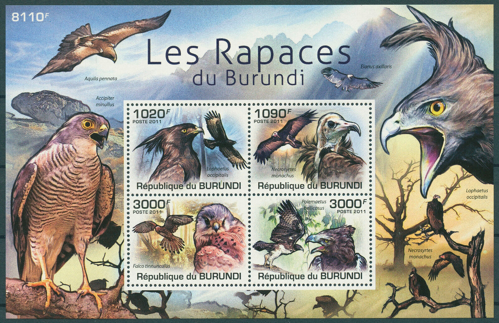 Burundi 2011 MNH Birds of Prey on Stamps Raptors Vultures Eagles Kestrel 4v M/S