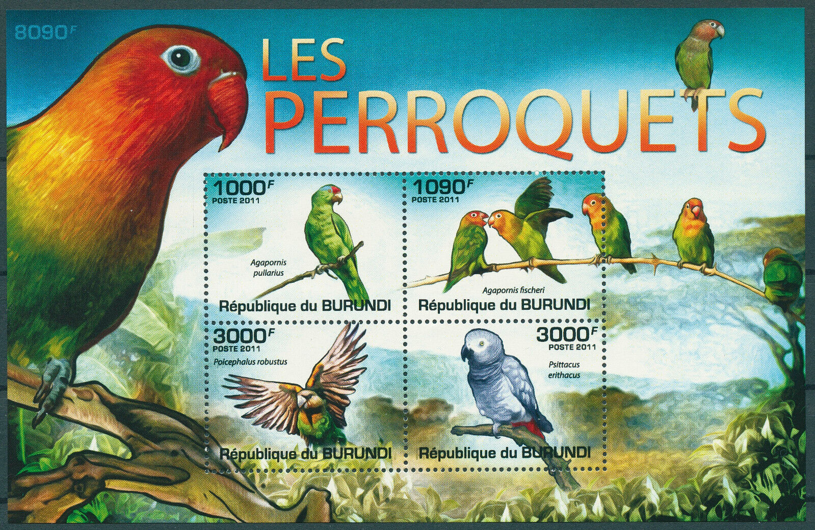 Burundi 2011 MNH Birds on Stamps Parrots African Grey Parrot Lovebirds 4v M/S