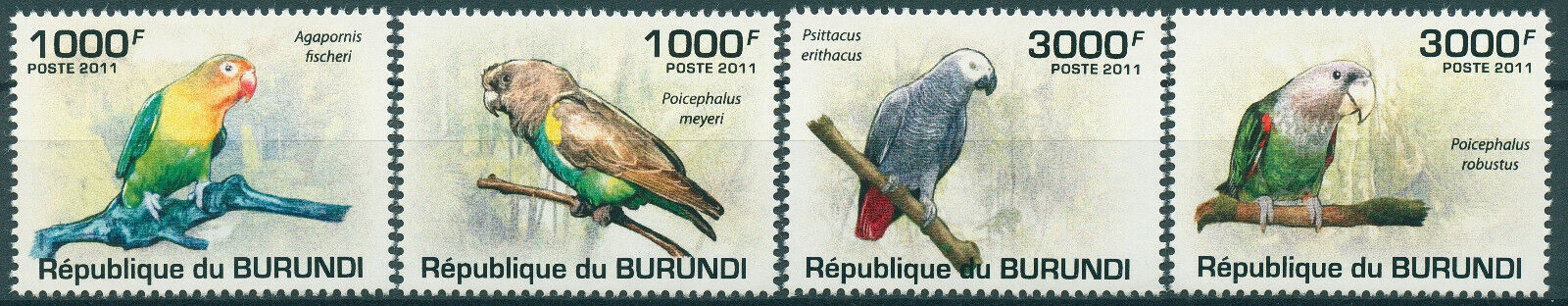 Burundi 2011 MNH Birds on Stamps Parrots African Grey Parrot Lovebirds 4v Set