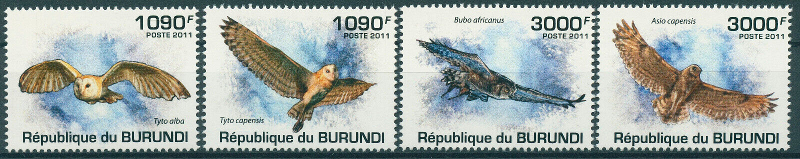 Burundi 2011 MNH Birds on Stamps Owls Marsh Barn Owl Spotted Eagle-Owl 4v Set