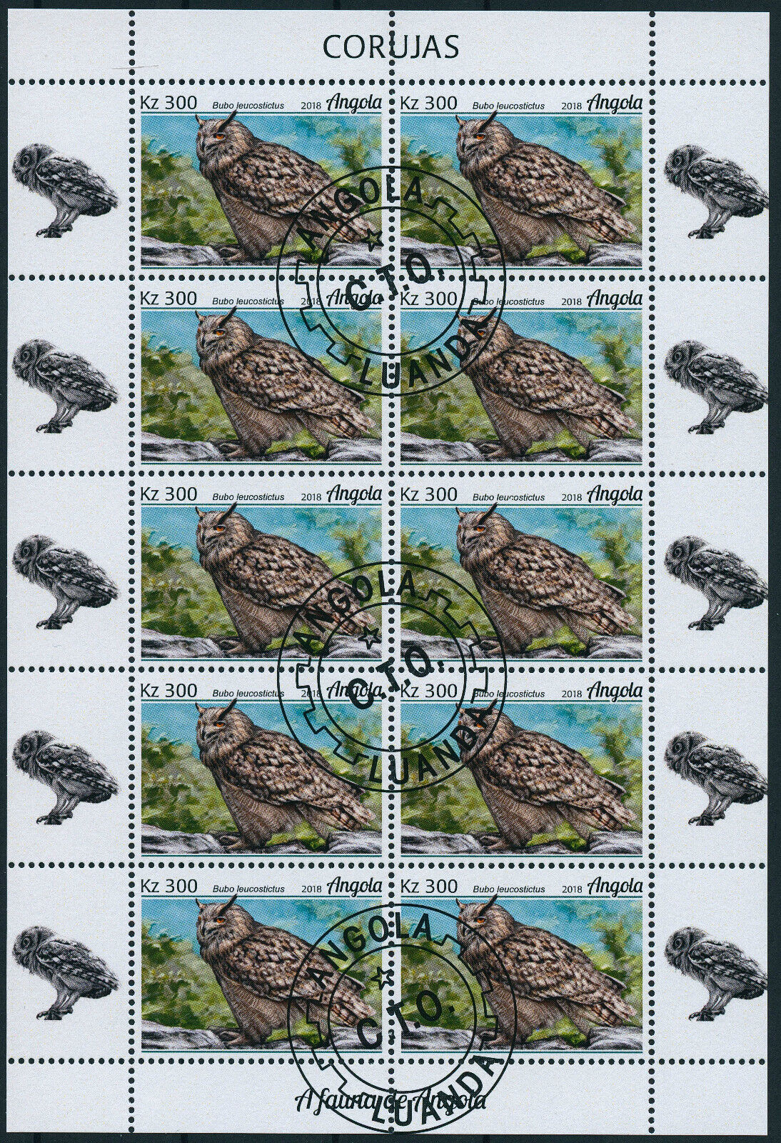 Angola 2018 CTO Birds on Stamps Owls Owl Spotted Eagle-Owl 4x 10v M/S