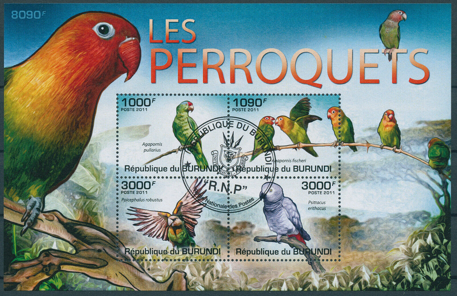 Burundi 2011 CTO Birds on Stamps Parrots African Grey Parrot Lovebirds 4v M/S