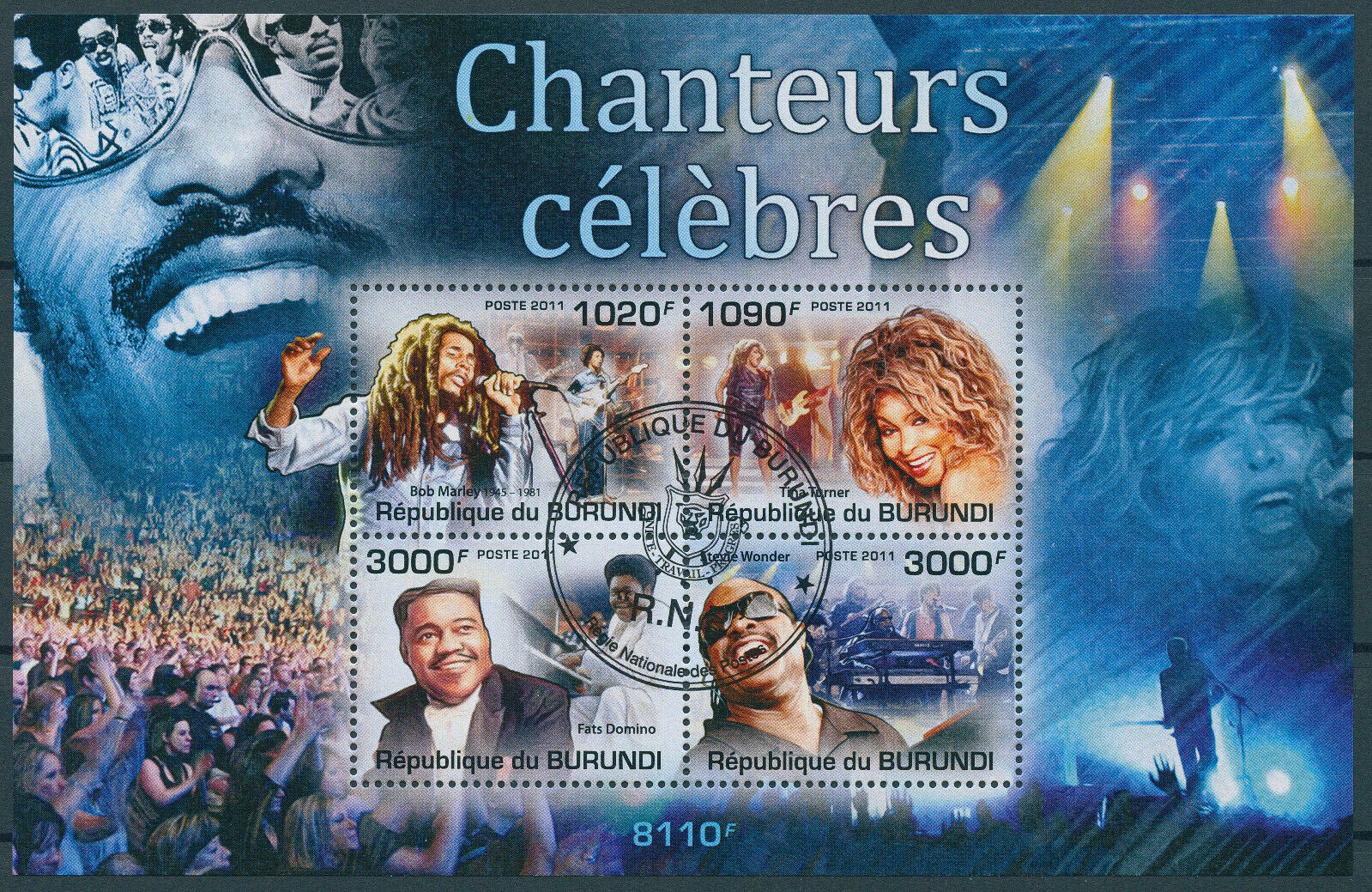 Burundi 2011 CTO Music Stamps Bob Marley Tina Turner Stevie Wonder Singers 4v MS