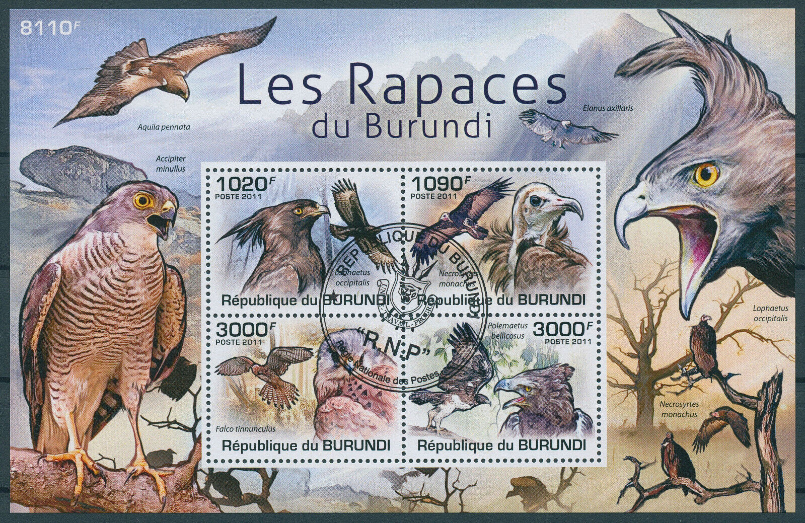 Burundi 2011 CTO Birds of Prey on Stamps Raptors Vultures Eagles Kestrel 4v M/S
