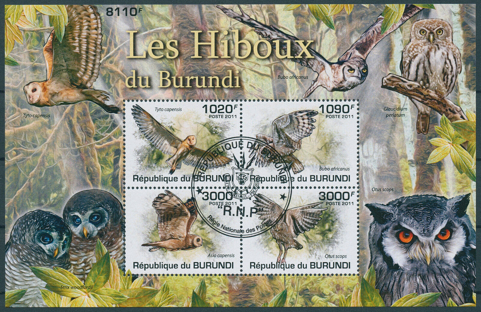 Burundi 2011 CTO Birds on Stamps Owls Marsh Scops Owl Spotted Eagle-Owl 4v M/S