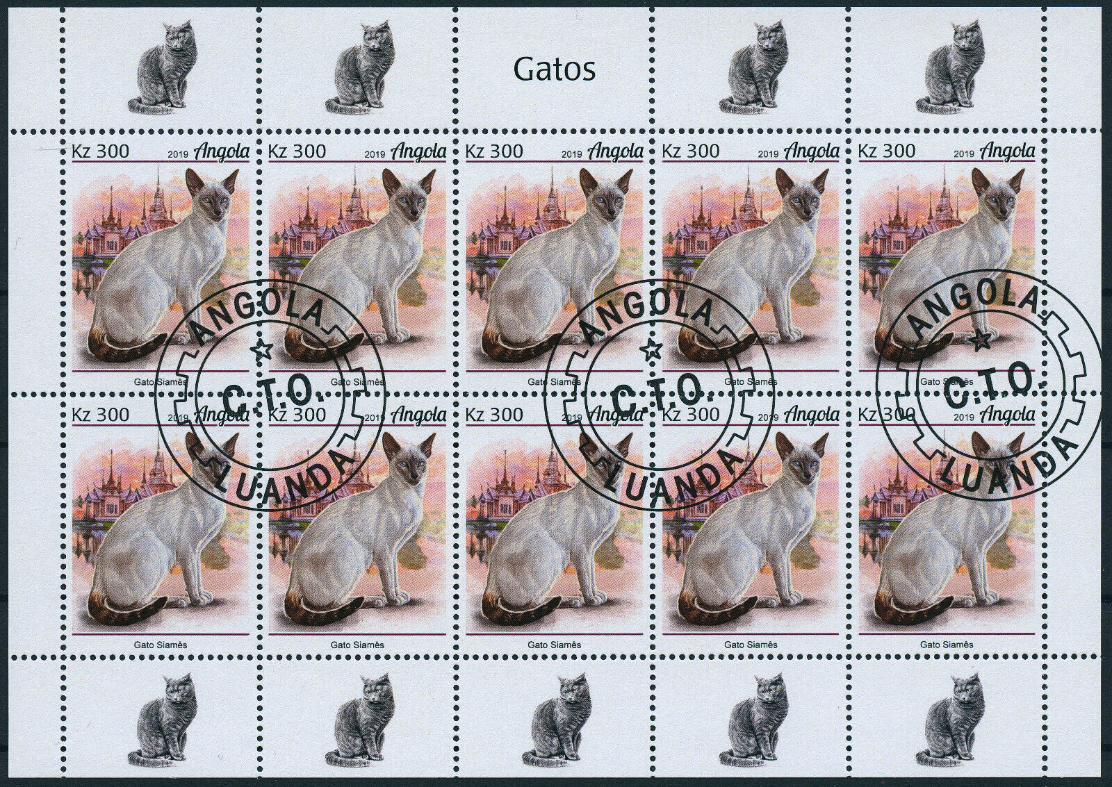 Angola 2019 CTO Cats Stamps Siamese Cat Egyptian Mau Japanese Bobtail 4x 10v M/S