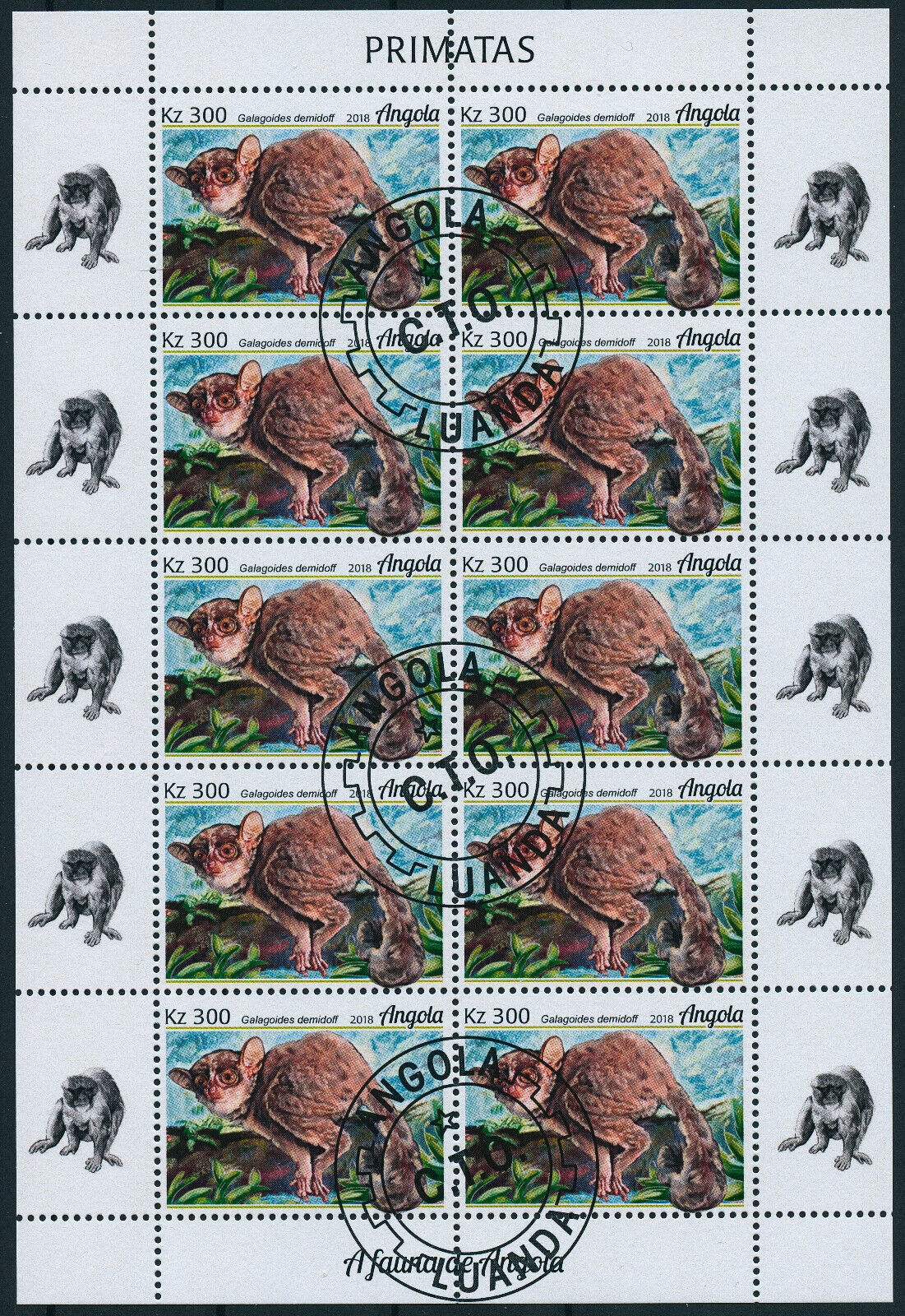 Angola 2018 CTO Wild Animals Stamps Primates Monkeys Bushbaby Mangabey 4x 10v MS